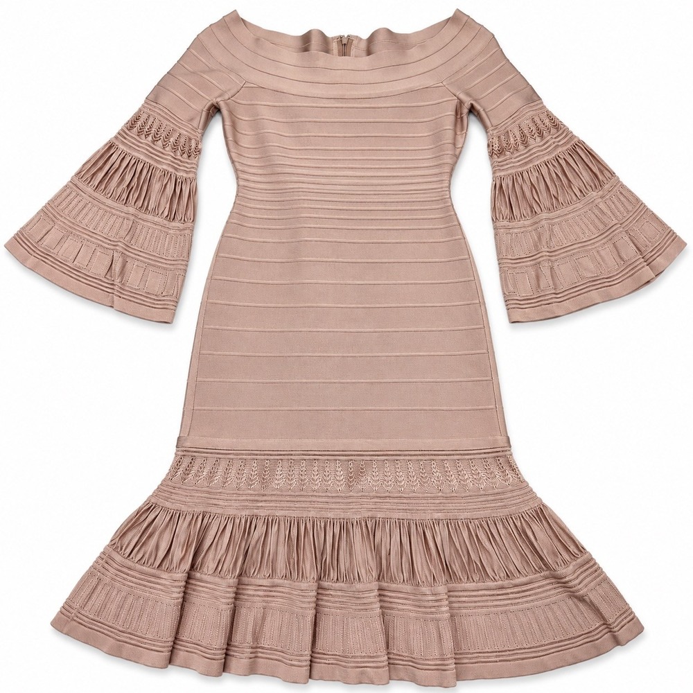 Herve Leger Max Azria Bandage Dress L Nude Pink Bell Sleeve Ruffle Midi